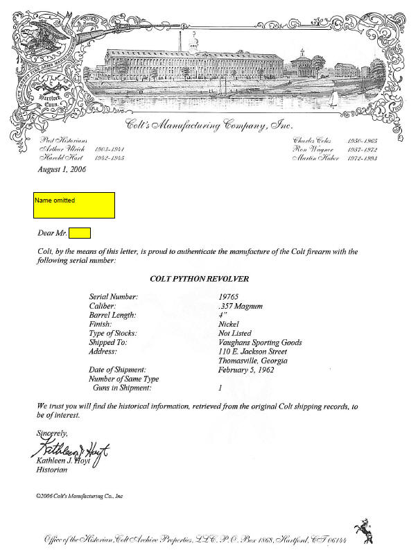 Colt Archive Letter for a Python revolver